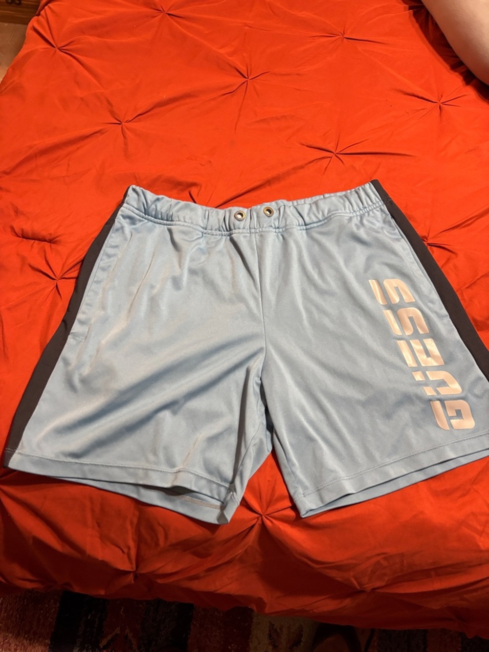 Guess Men's Light Blue Athletic Shorts with Black Side Stripes and White Logo